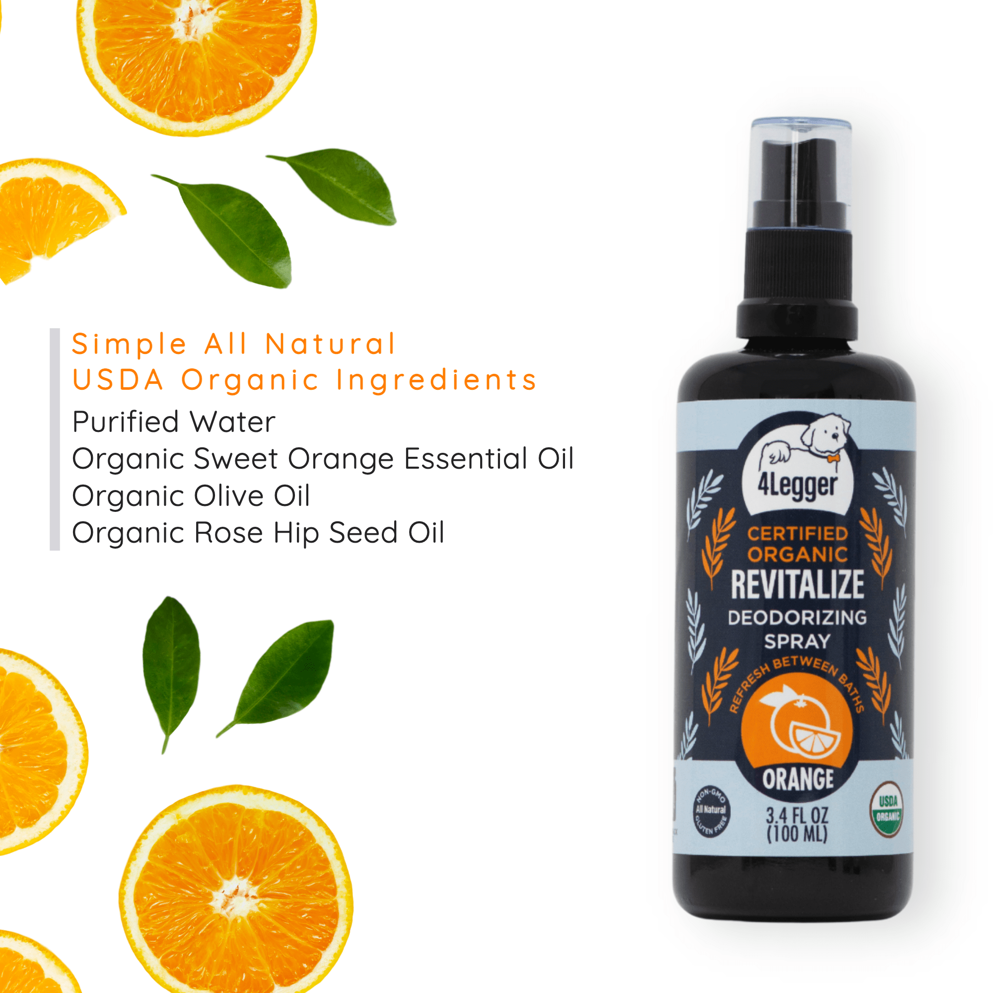 4-Legger - USDA Certified Organic Sweet Orange Dog Deodorizing Spray - Revitalize: (3.4 oz)