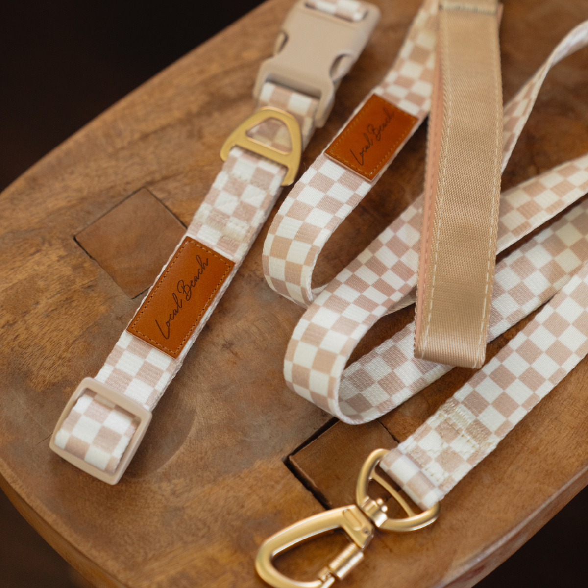 Local Beach - Local Beach Checker Adjustable Dog Collar Tan: Tan / MD / Checker Dog Collar