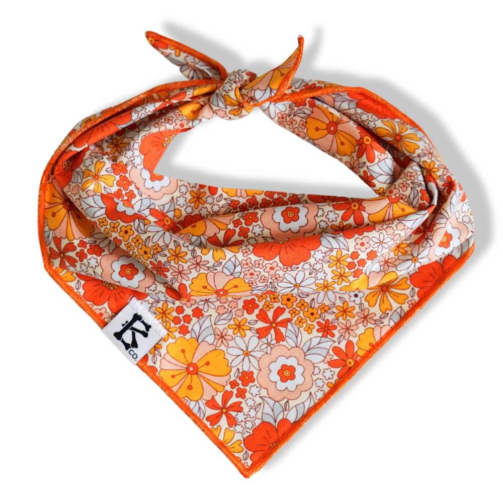 Boneyard Co. - "Retro Blooms" Orange Fall Floral Dog Bandana: Small / Tie-On