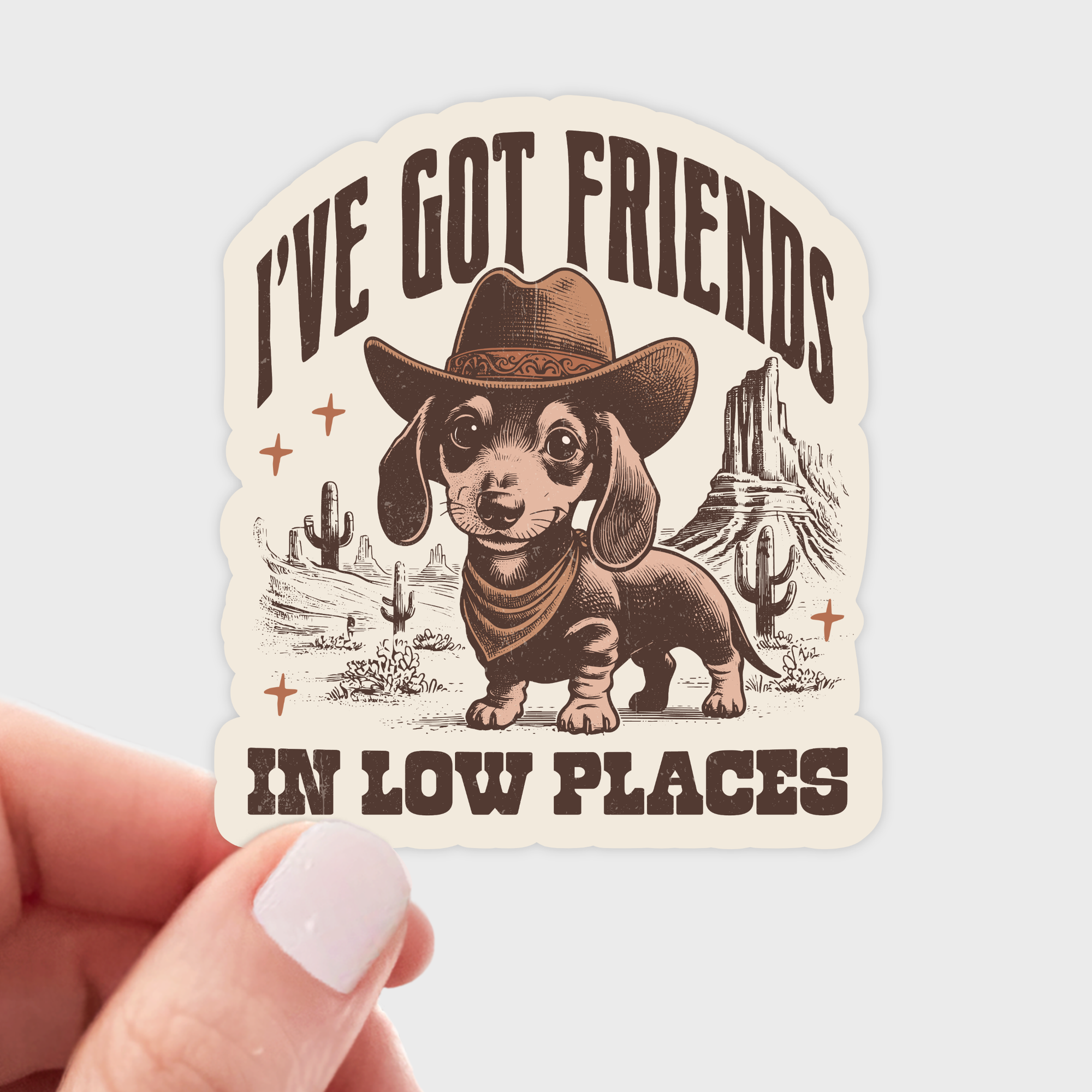 Yarnival - I've Got Friends In Low Places Sticker - cowboy, dachshund