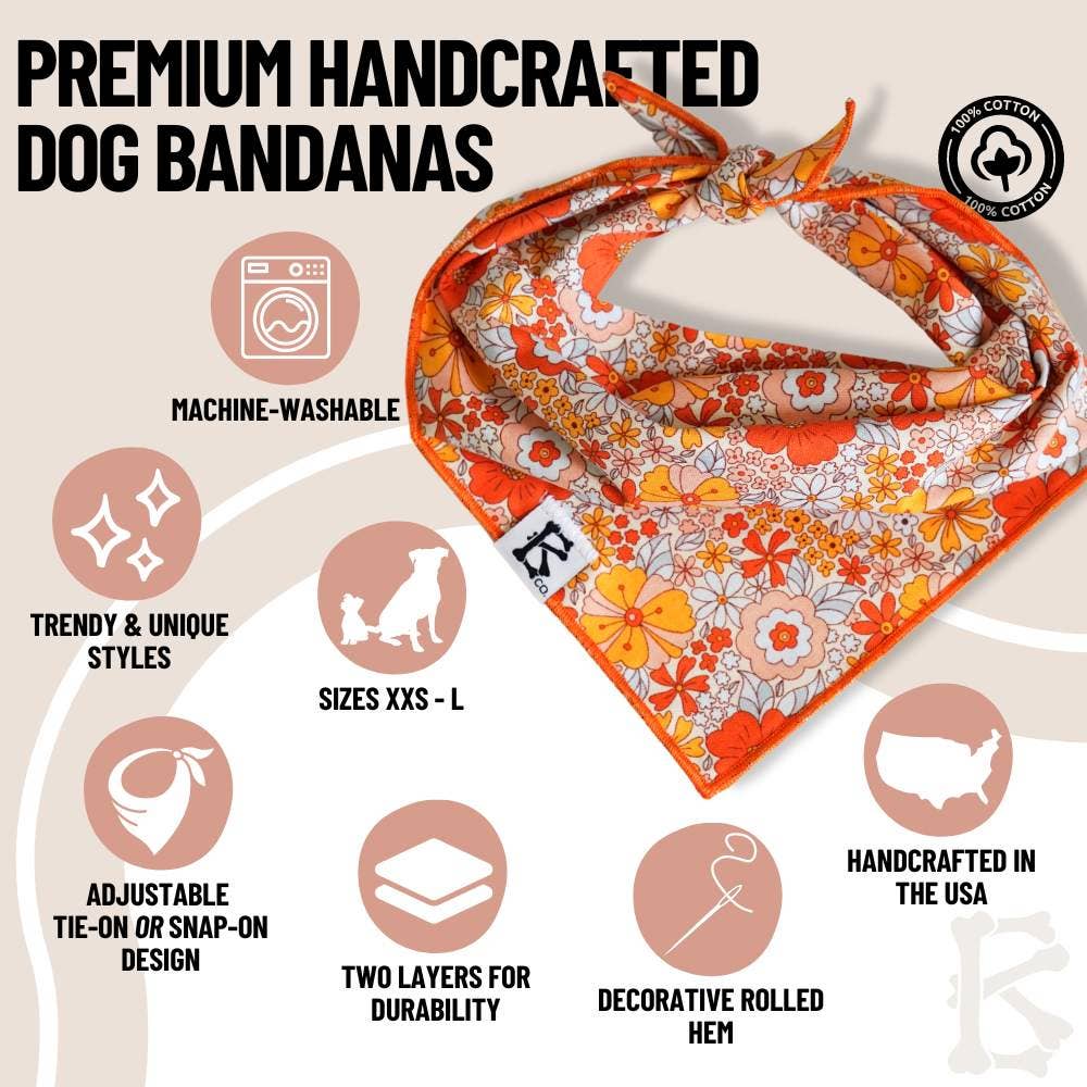 Boneyard Co. - "Retro Blooms" Orange Fall Floral Dog Bandana: Small / Tie-On