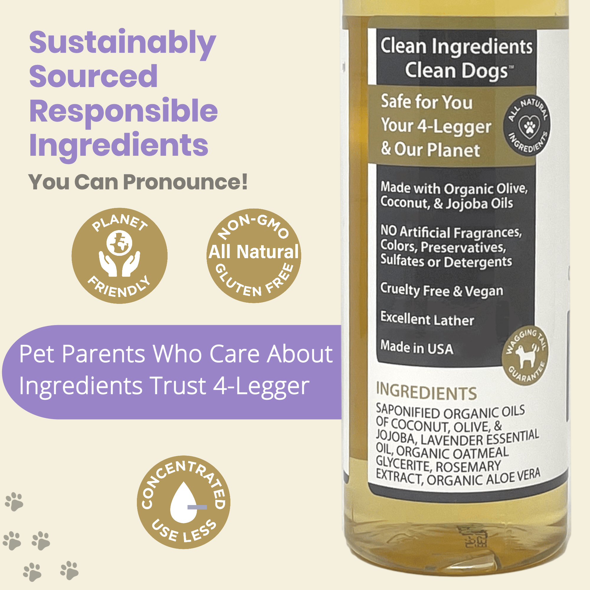 4-Legger - Organic Oatmeal Dog Shampoo with Lavender and Aloe: (16 oz)