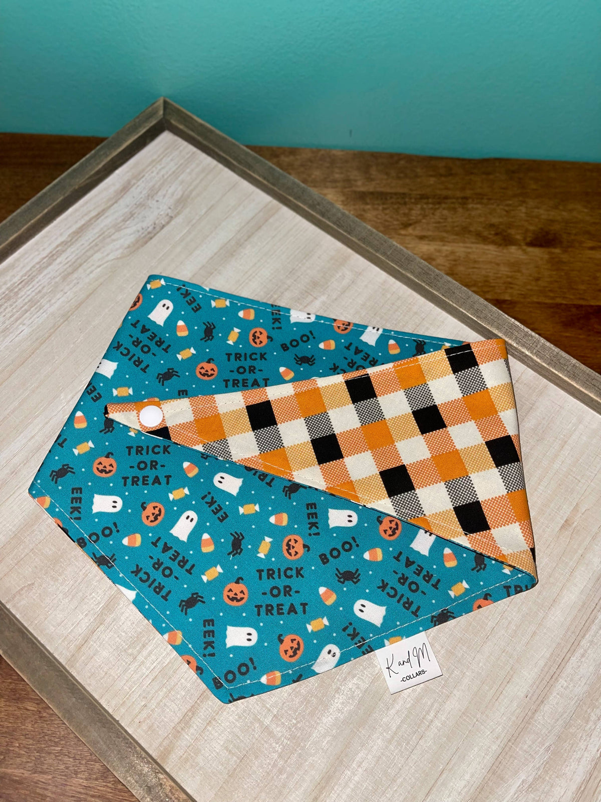 K and M Collars - Teal Trick or Treat Reversible Dog Bandana, Halloween, Fall: L