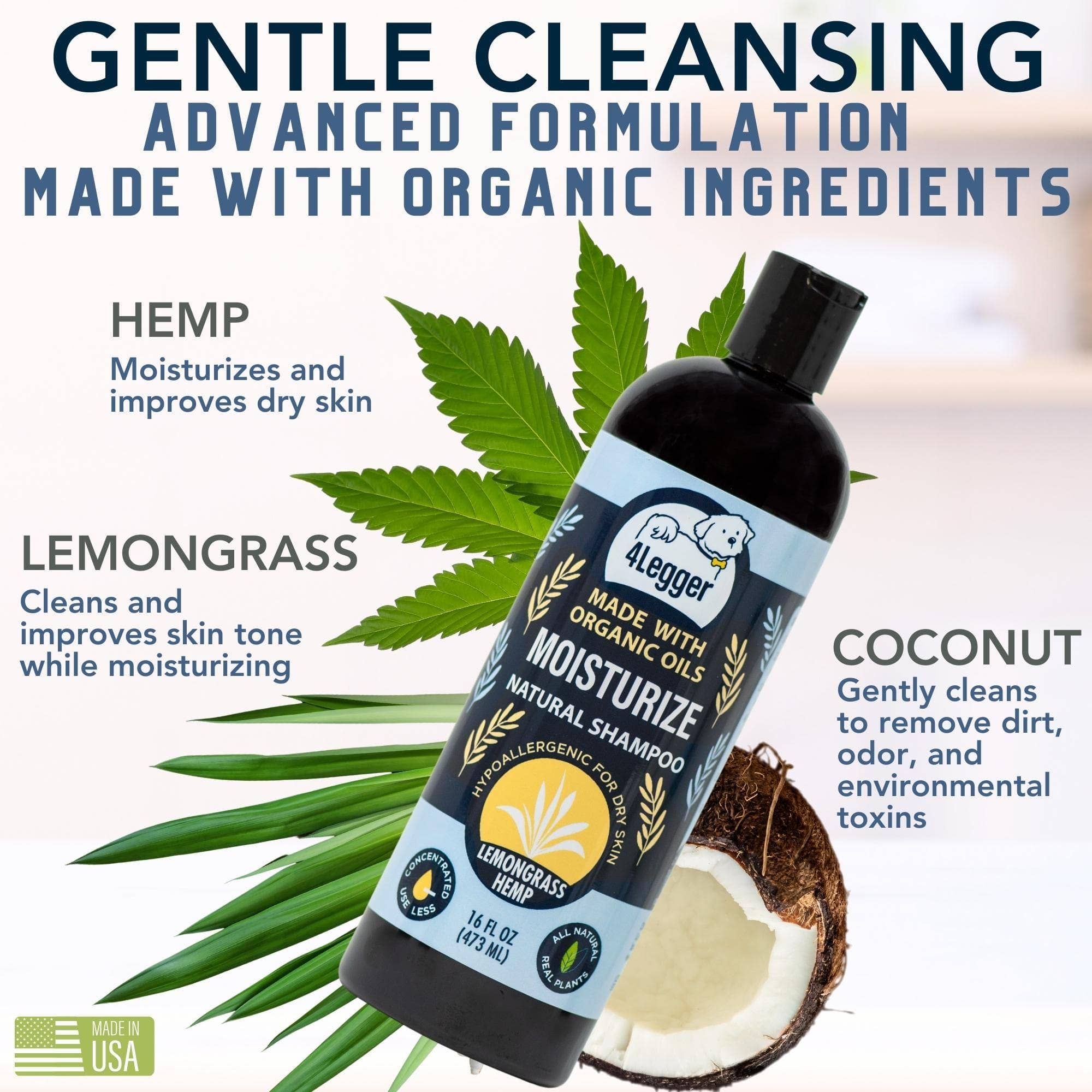 4-Legger - MOISTURIZE Organic Hemp Dog Shampoo with Lemongrass: (16 oz)