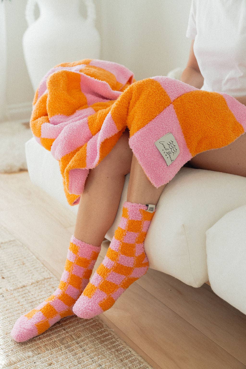 Local Beach - Checker Luxe Home Blanket: Cocoa/Cream