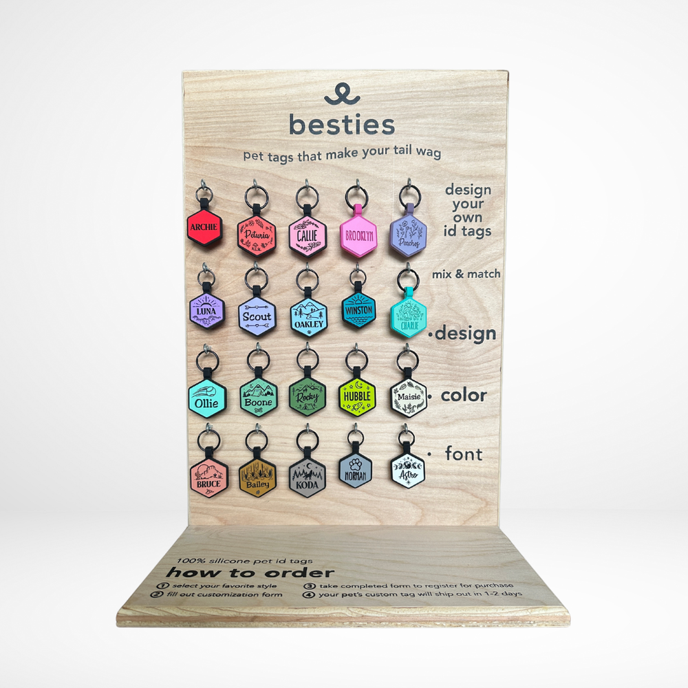 Besties Pets - Retail Display for Dropshipping (in store & online): Single Sided - Only Side 1 (Silicone Pet ID Tags)