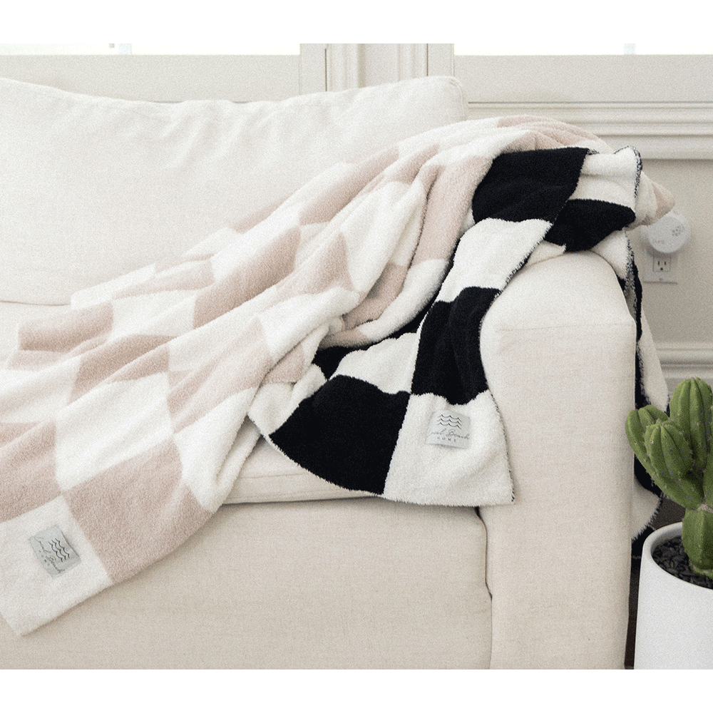 Local Beach - Checker Luxe Home Blanket: Cocoa/Cream