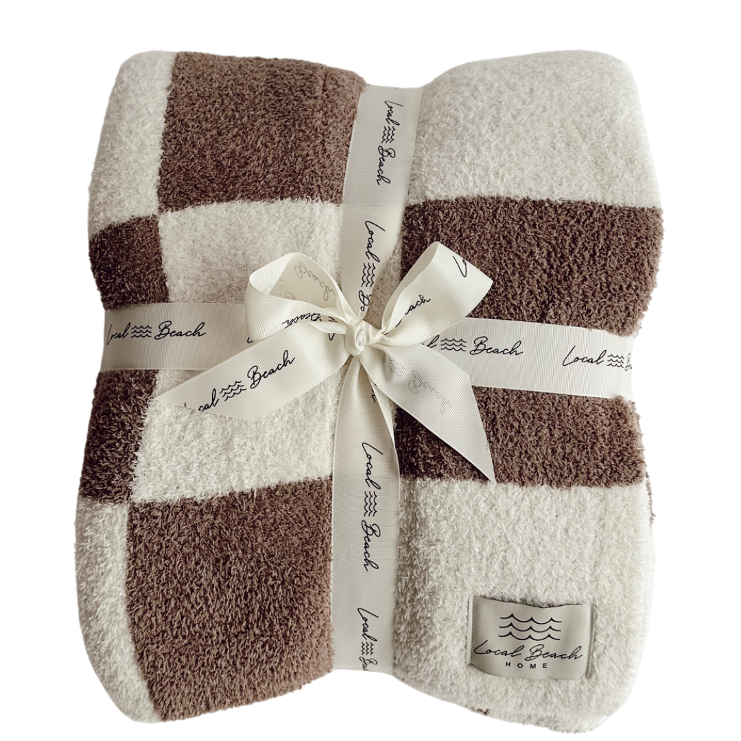 Local Beach - Checker Luxe Home Blanket: Cocoa/Cream