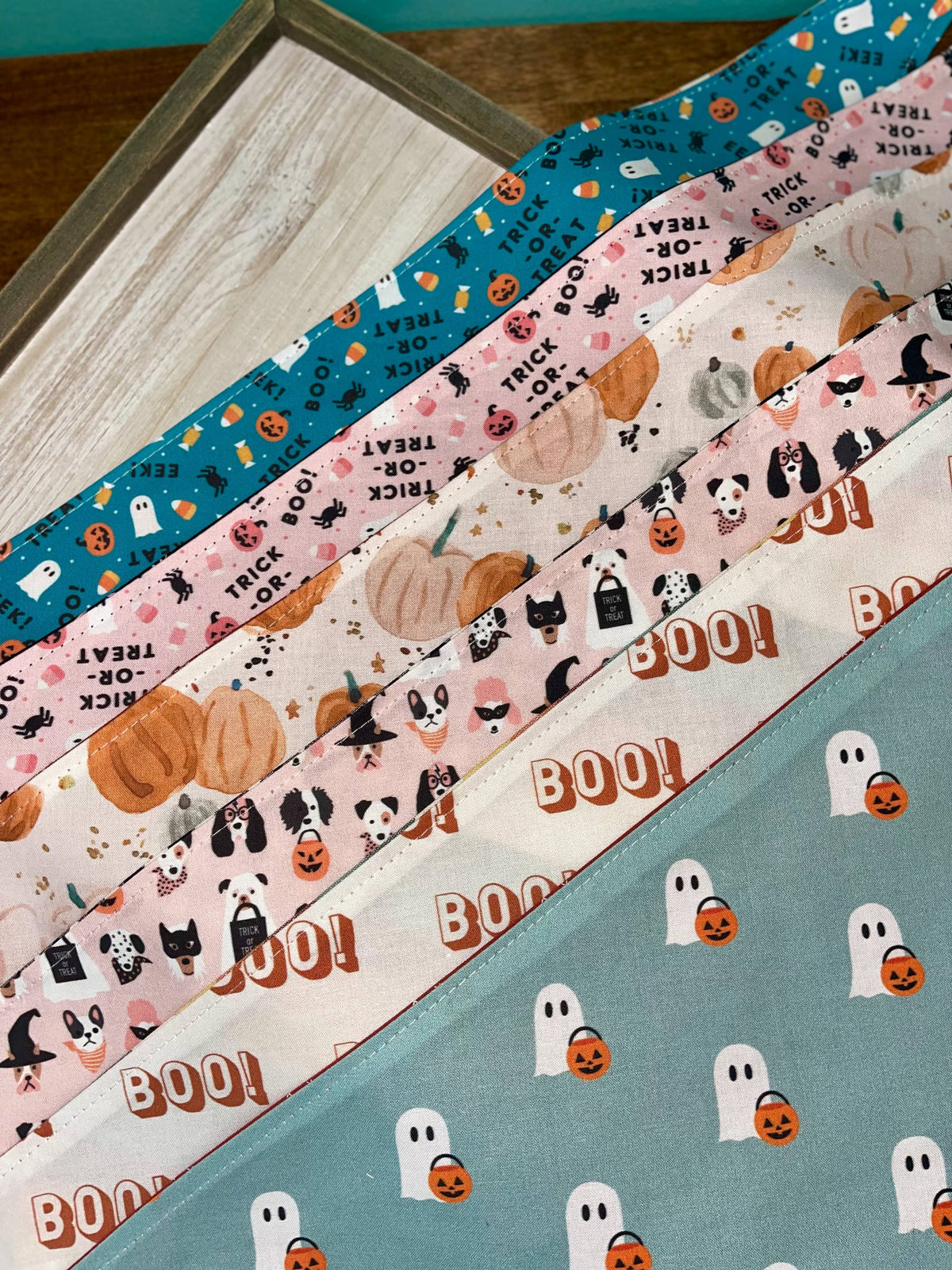 K and M Collars - Teal Trick or Treat Reversible Dog Bandana, Halloween, Fall: S