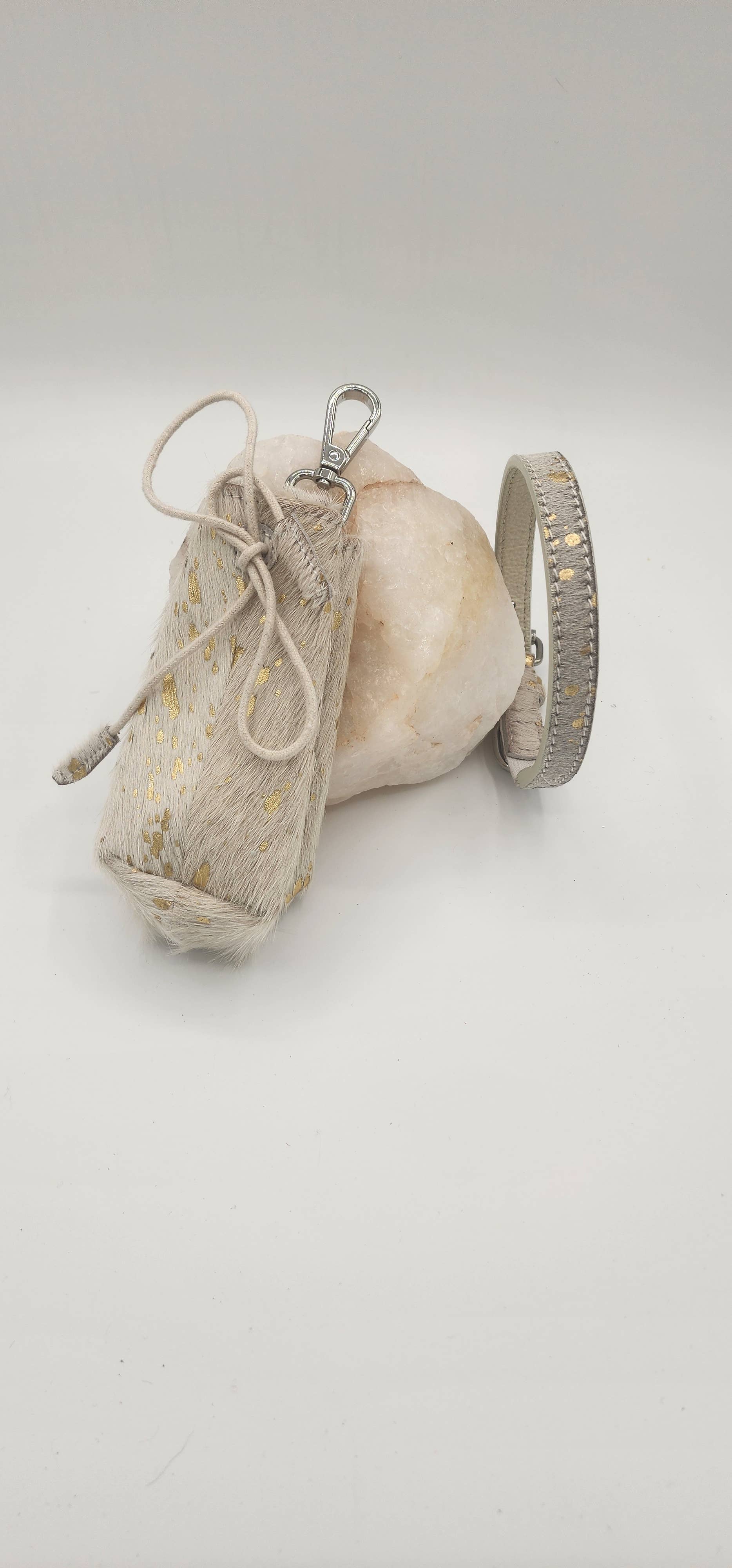 Dogs and Cats Oh My - All Natural Cowhide Poop Bag-White with Gold