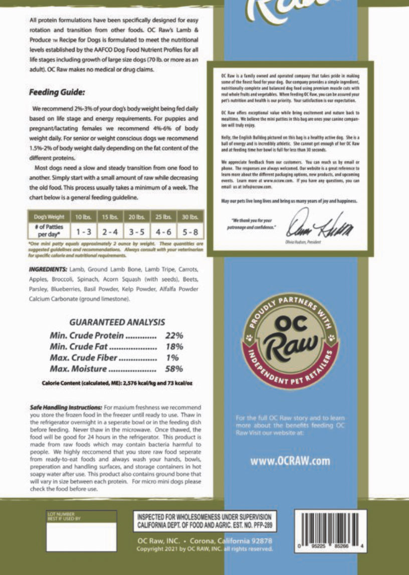 OC Raw- LAMB & PRODUCE ~ 4# MINI PATTIES