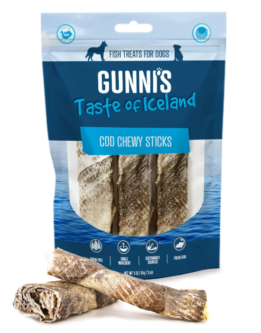 Gunnis Pet Grain-Free Cod Skin Chewy Sticks Natural Air-Dried Dog Treats - 3 Pack