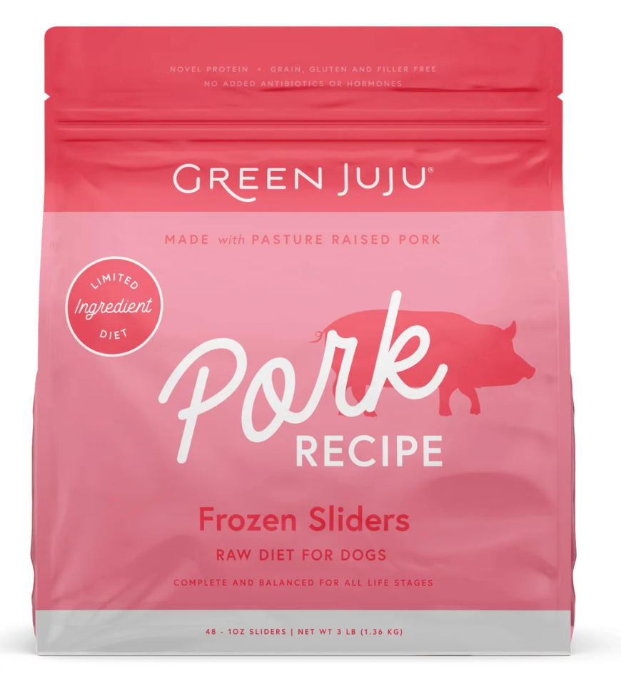 Green Juju | Pork Recipe For Dogs and Cats (3lb Sliders, 6lb Patties, 18lb Bulk)