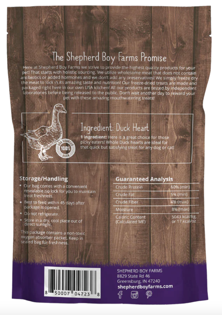 Shepherd Boy Farms- Freeze-Dried Duck Hearts (3oz, 8oz)