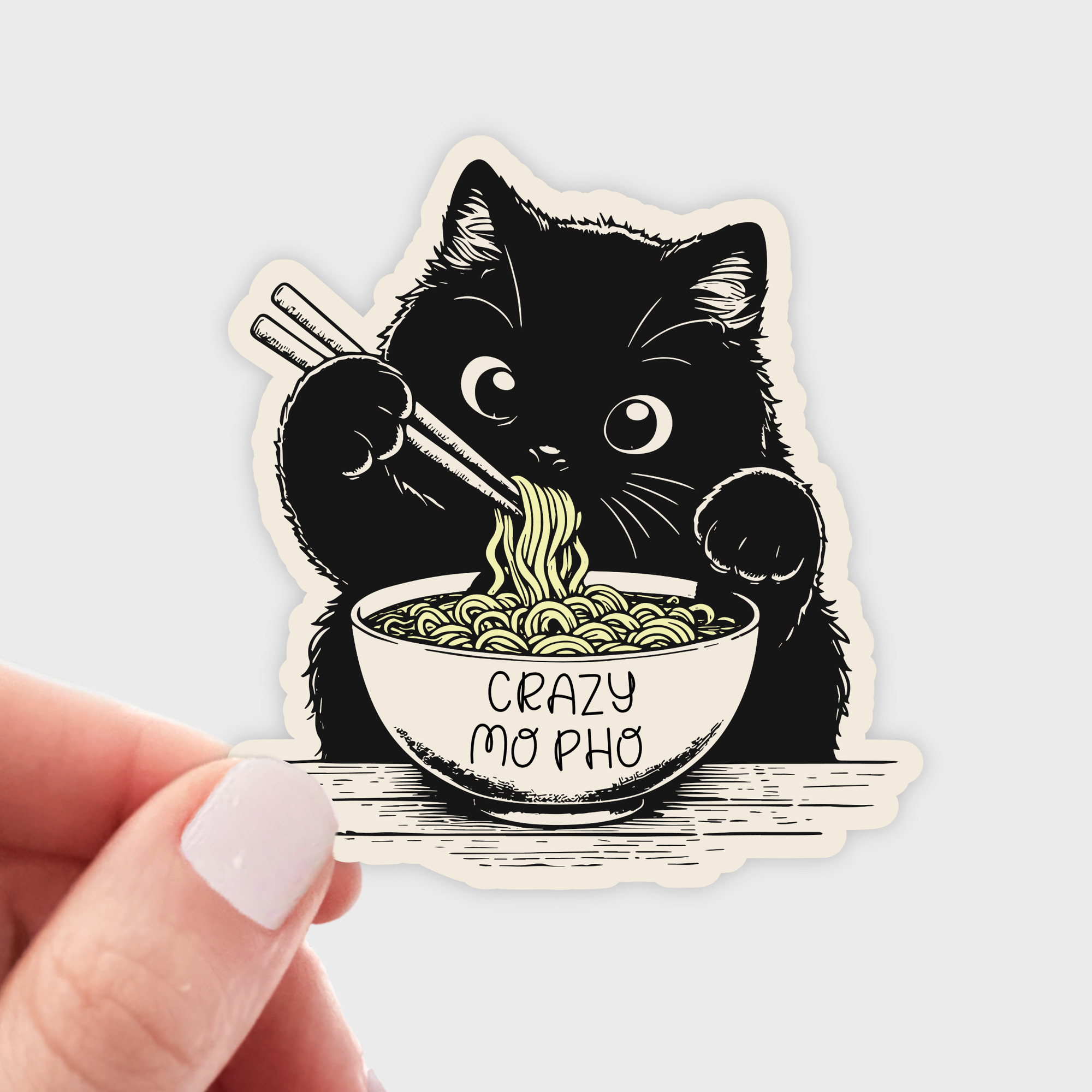 Yarnival - Crazy Mo Pho Sticker - cat, kitty, ramen, noodles, kitten