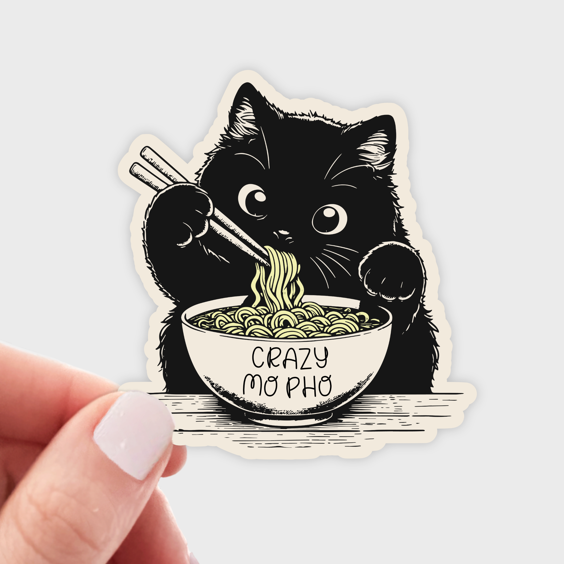 Yarnival - Crazy Mo Pho Sticker - cat, kitty, ramen, noodles, kitten