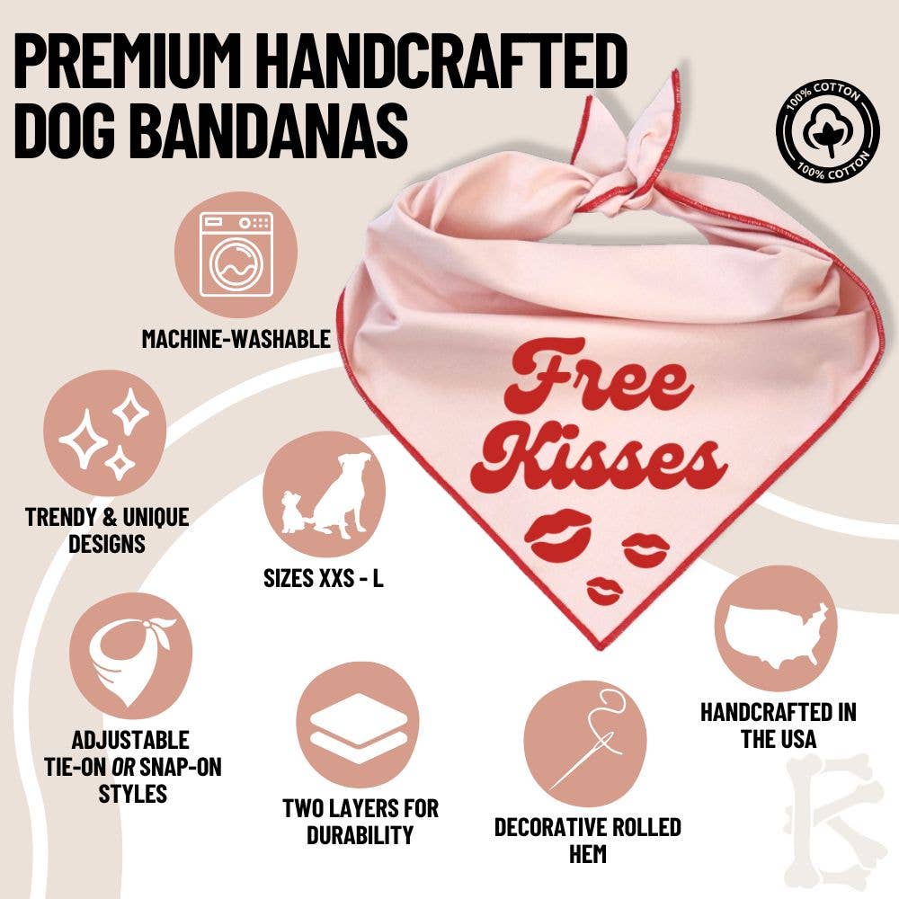 Boneyard Co. - "Free Kisses" Valentine's Day Dog Bandana, Dog Mom Gift: Small / Tie-On