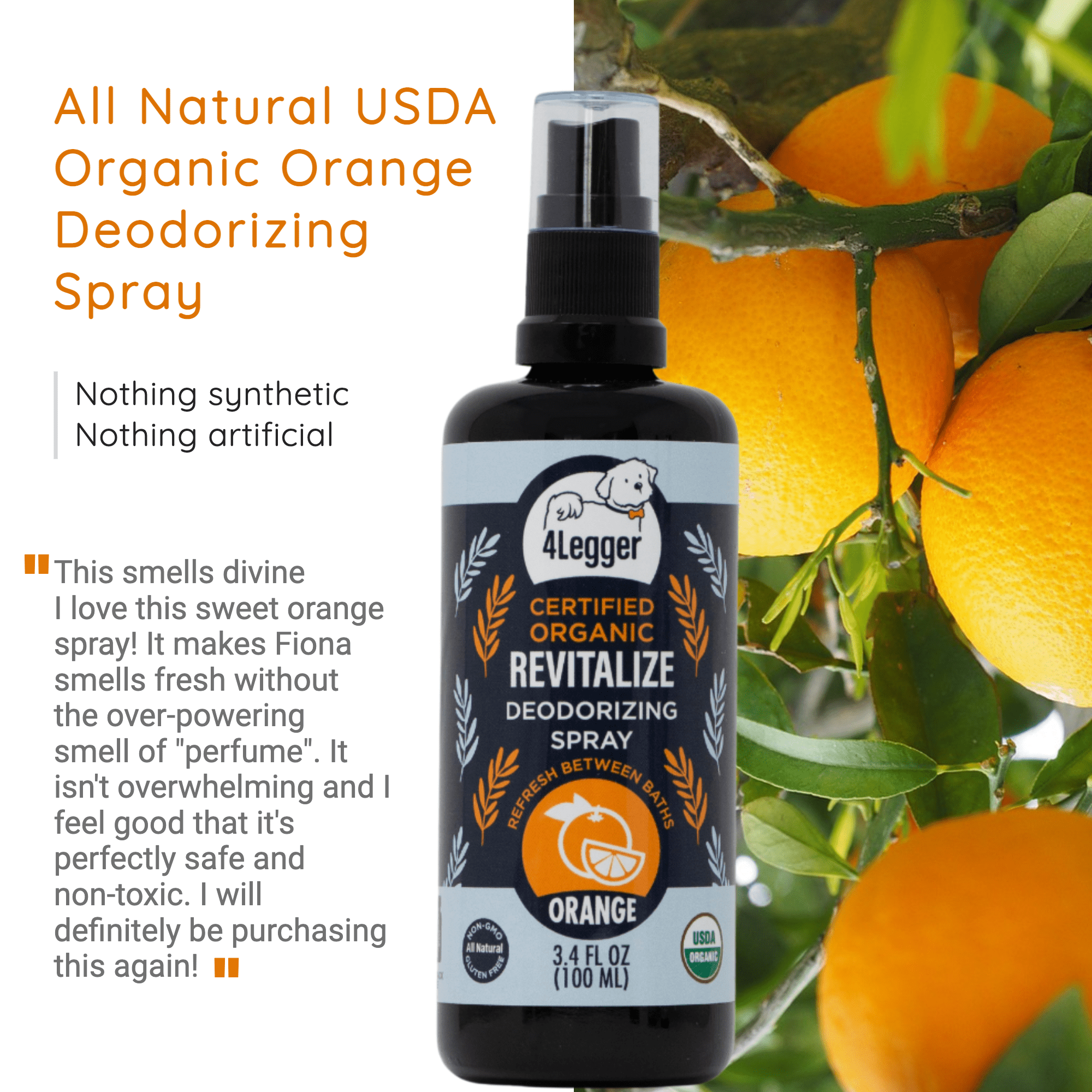 4-Legger - USDA Certified Organic Sweet Orange Dog Deodorizing Spray - Revitalize: (3.4 oz)