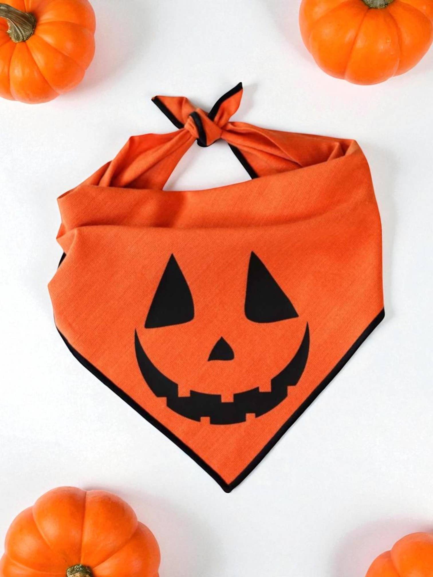 Boneyard Co. - "Jack-O'-Lantern" Cute Pumpkin Halloween Dog Bandana: Small / Tie-On