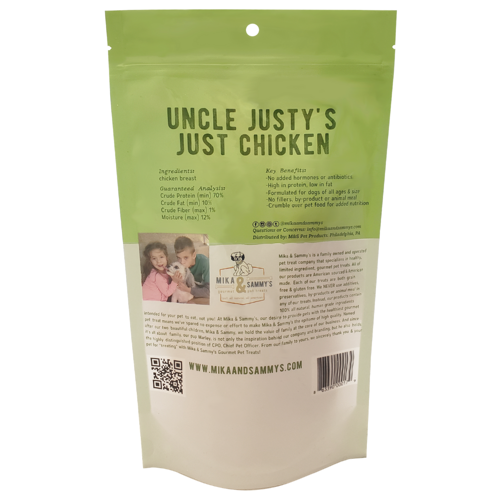 Mika and Sammy's Gourmet Pet Treats | Uncle Justy's Just Chicken (5oz Bag)