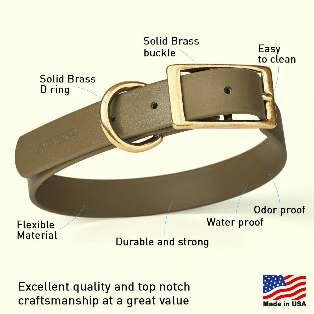 Dogline - Viper Biothane Waterproof Collar - Brass Hardware: Coyote Brown / 18"-22" / 1"