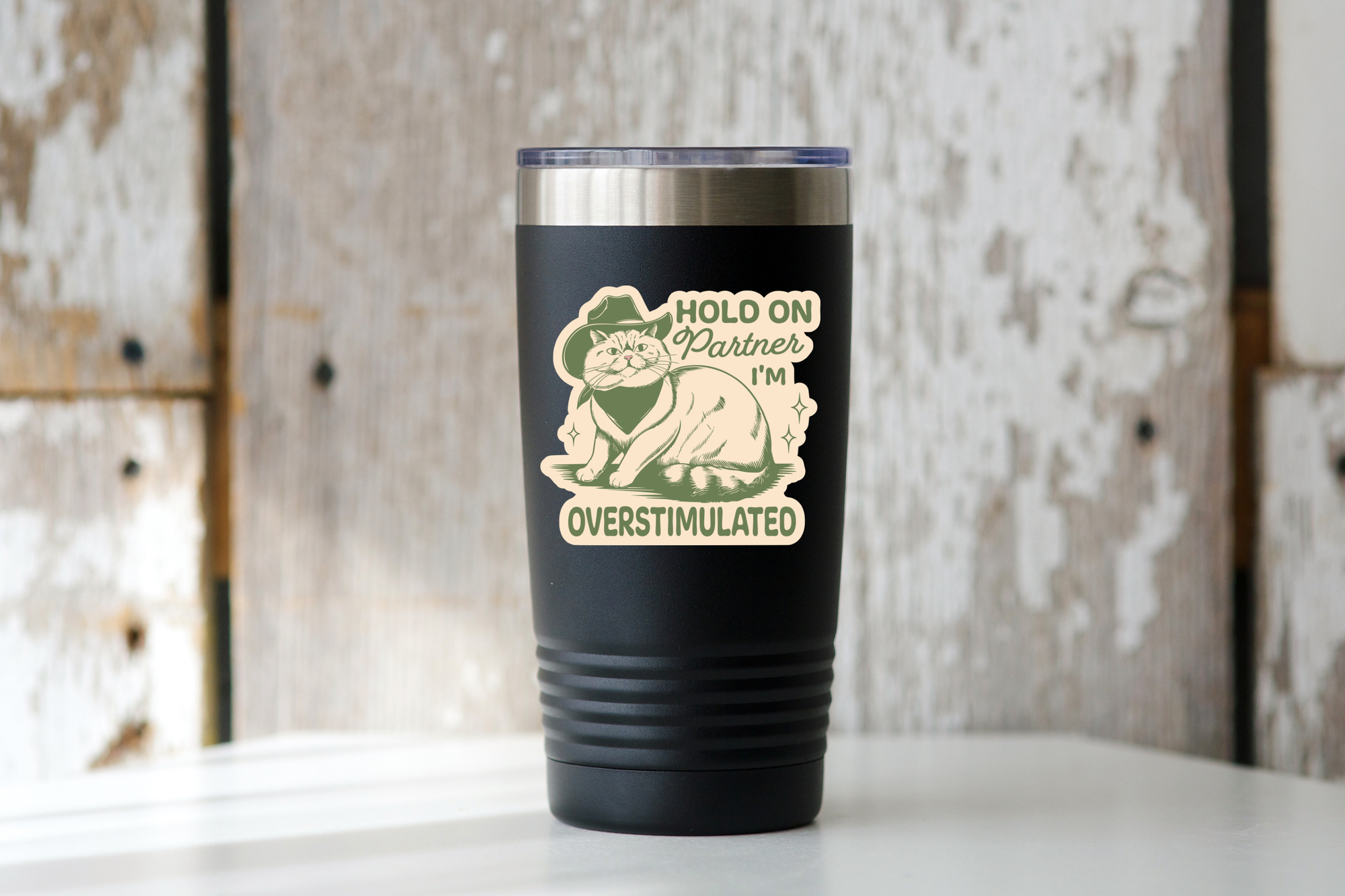 Yarnival - Hold on Partner I'm Overstimulated Sticker - cat, cowboy