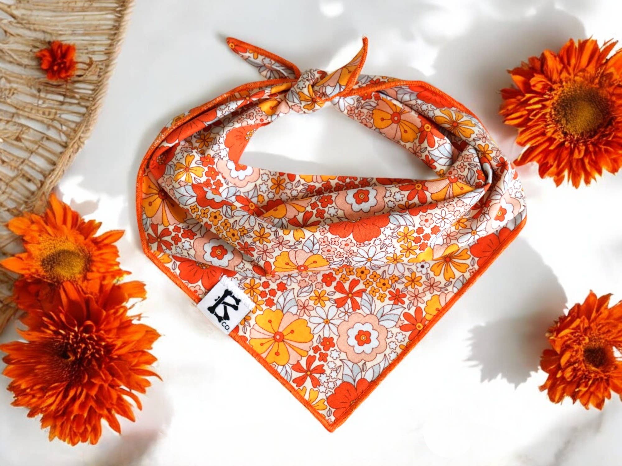 Boneyard Co. - "Retro Blooms" Orange Fall Floral Dog Bandana: Medium / Tie-On