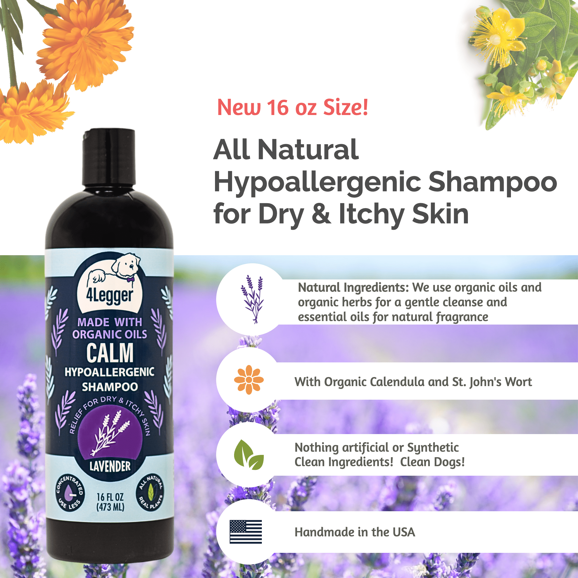 4-Legger - CALM Organic Lavender Natural Dog Shampoo with Calendula: 16 oz bottle