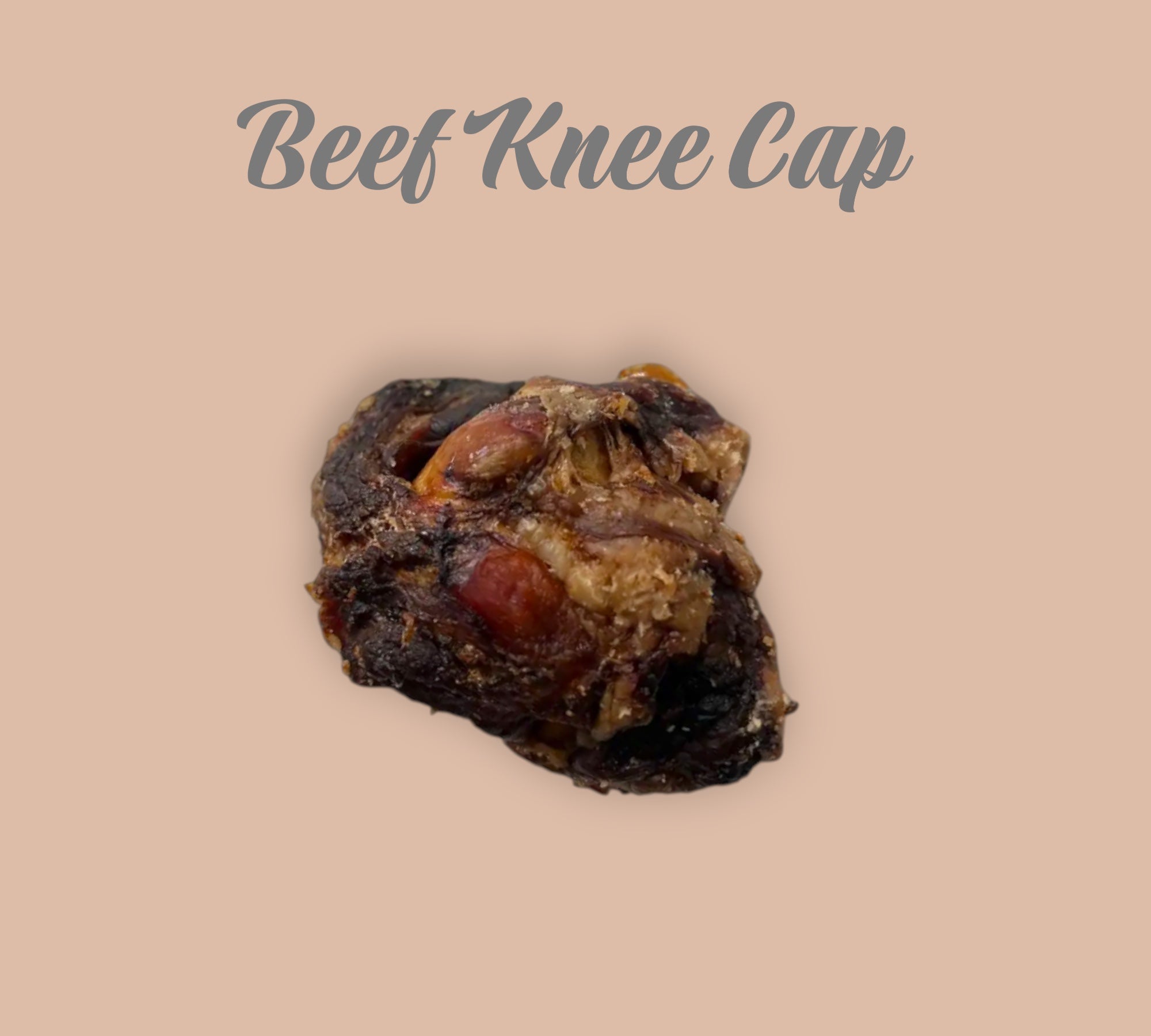 Pet Power Studio naturally baked beef kneecap dog chew with smoked meat bits on a light brown background.