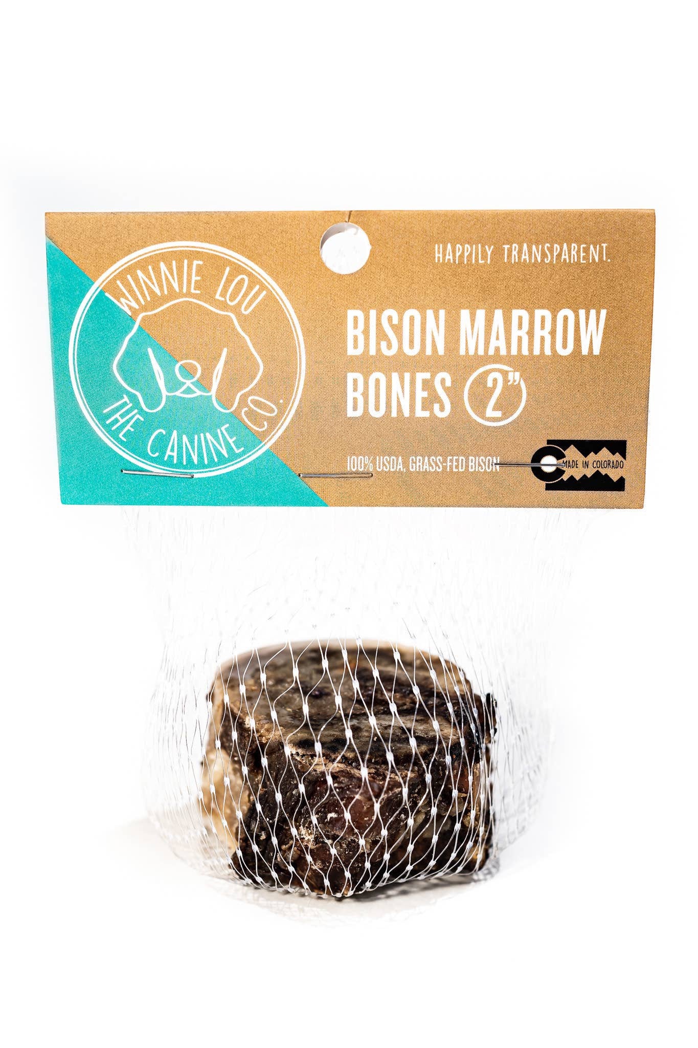 Pet Power Studio 2-inch slow-roasted bison marrow bone for dogs in mesh packaging with Winnie Lou branding.