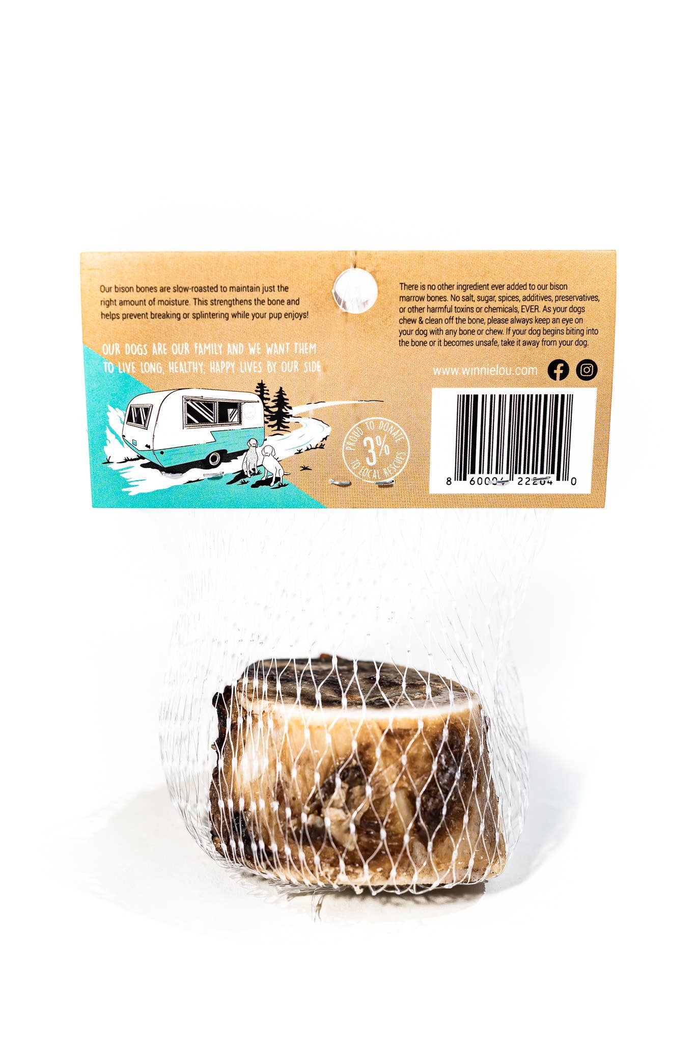 Pet Power Studio 2-inch slow-roasted bison marrow bone dog chew in mesh packaging with illustrated product label