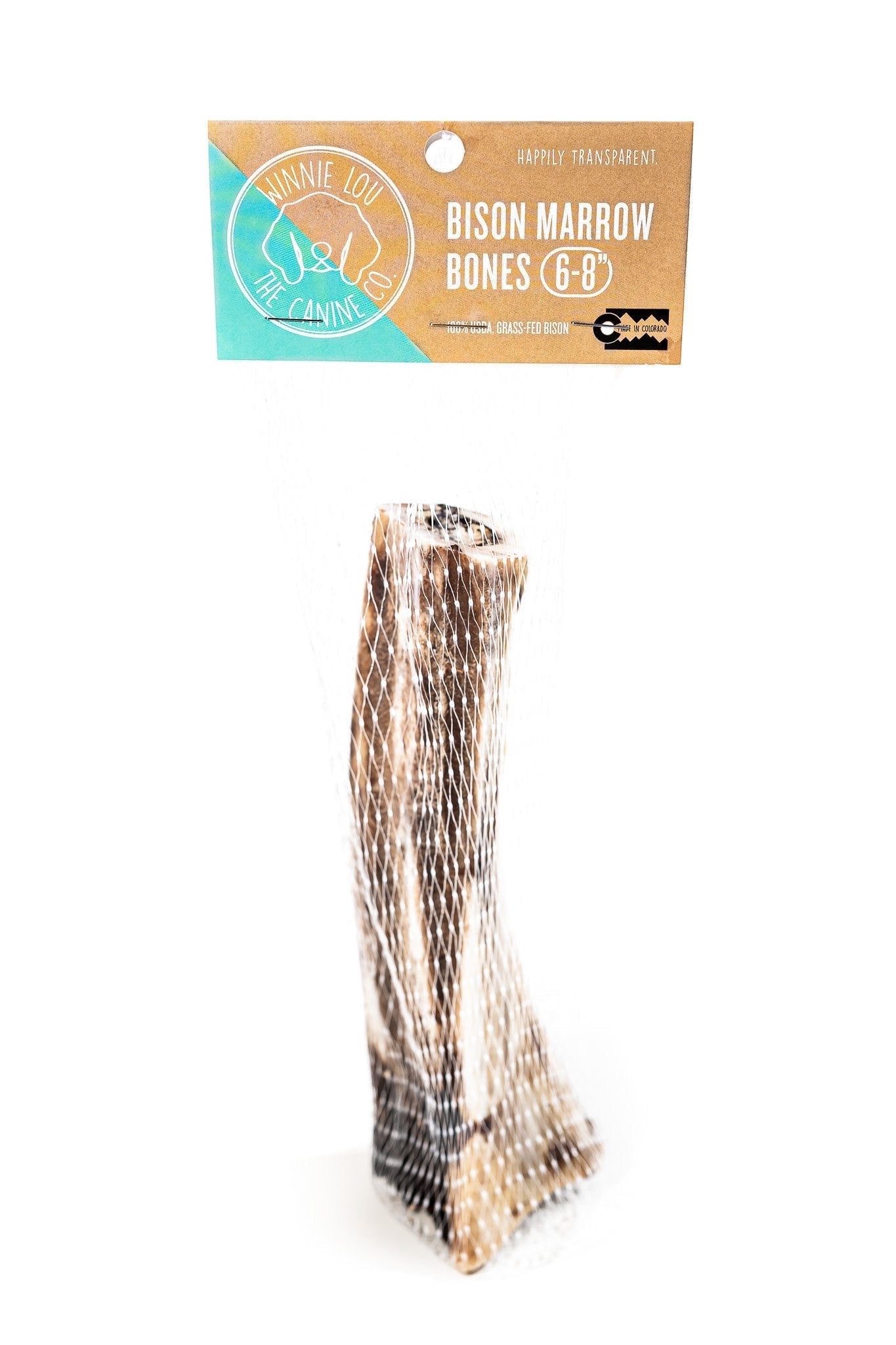 Pet Power Studio Winnie Lou 6-8 inch slow-roasted bison marrow bone for dogs in mesh packaging