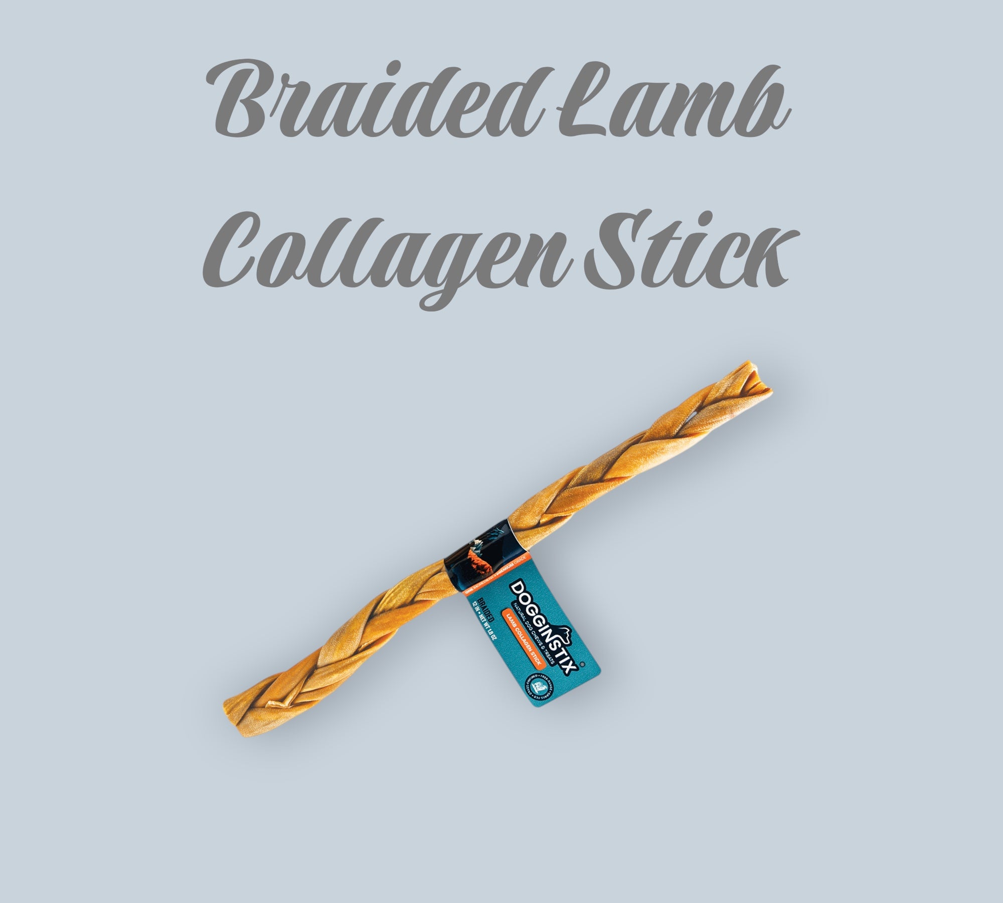Pet Power Studio 12-inch braided lamb collagen stick dog chew with Dogginstix brand tag on a light grey background.