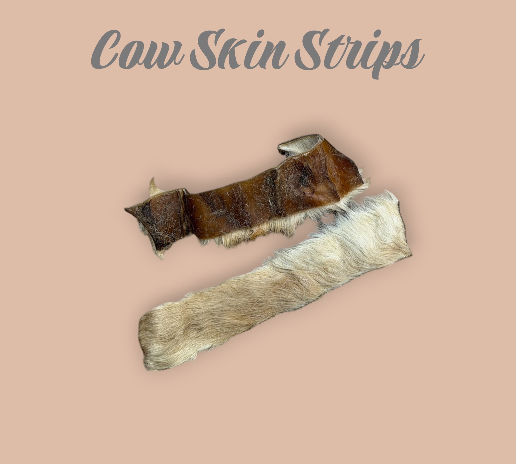 Pet Power Studio natural air-dried cow skin strips with hair for dog chews on a light brown background