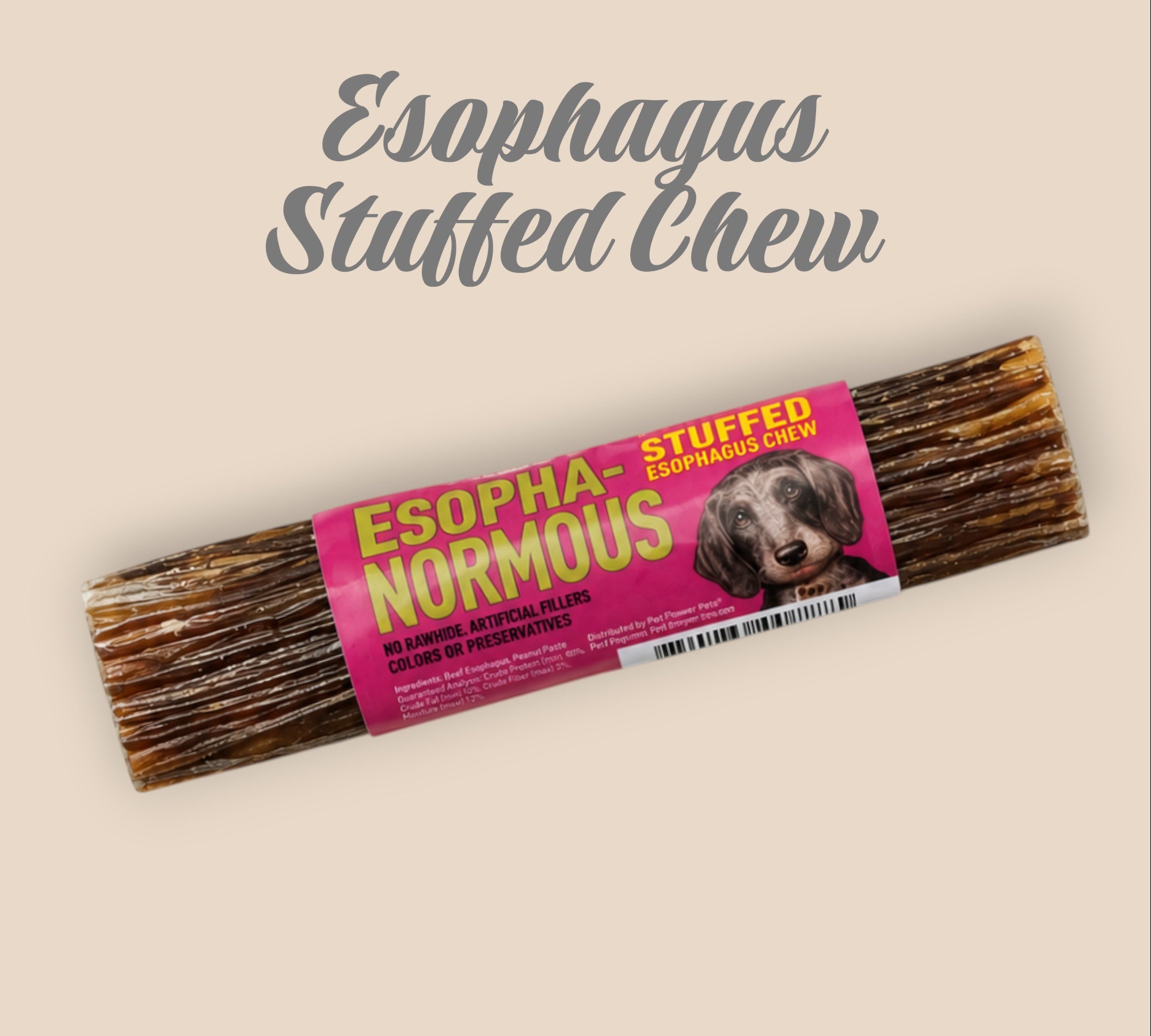 Pet Power Studio 5-inch Esophanormous stuffed esophagus dog chew with natural beef bully and sweet potato filling.