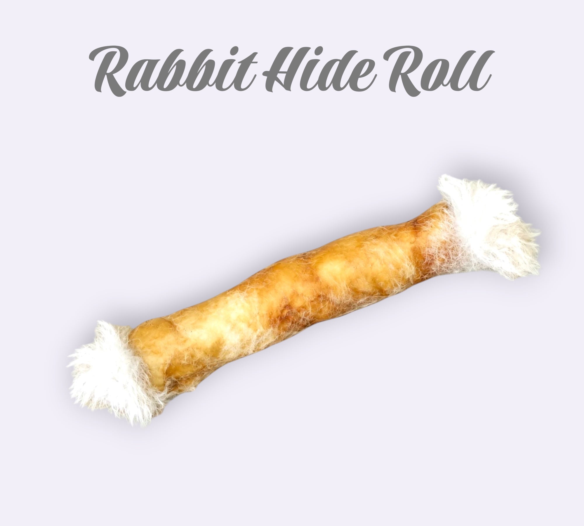 Pet Power Studio rabbit hide roll, a natural, minimally processed chew treat for dogs and cats with white fur ends.