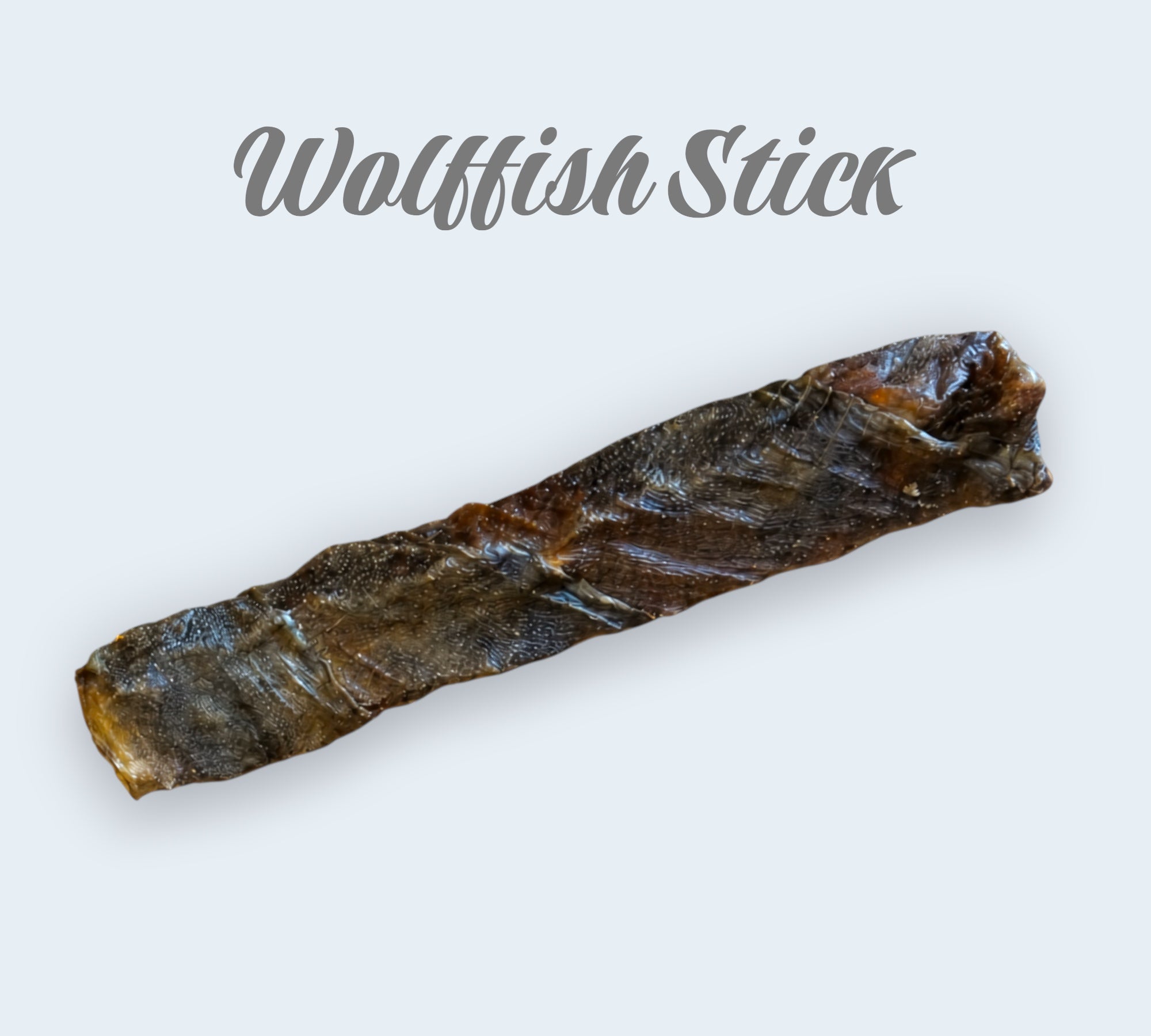Pet Power Studio Wolffish Chewy Sticks, a 100% natural dark brown fish skin dog treat with a rough texture.