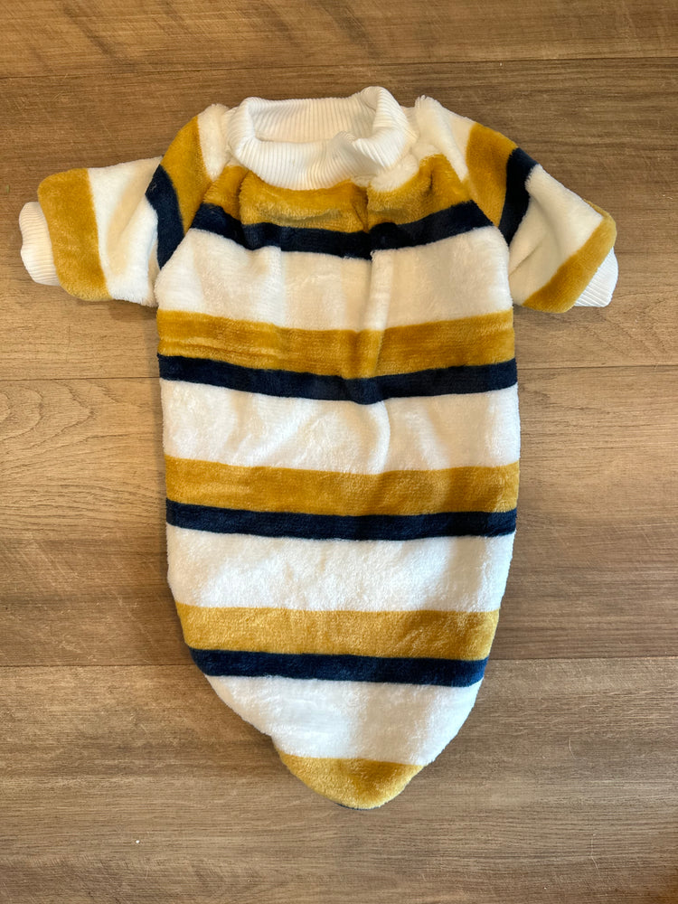 Temu Dog Sweater - Blue and Gold Striped